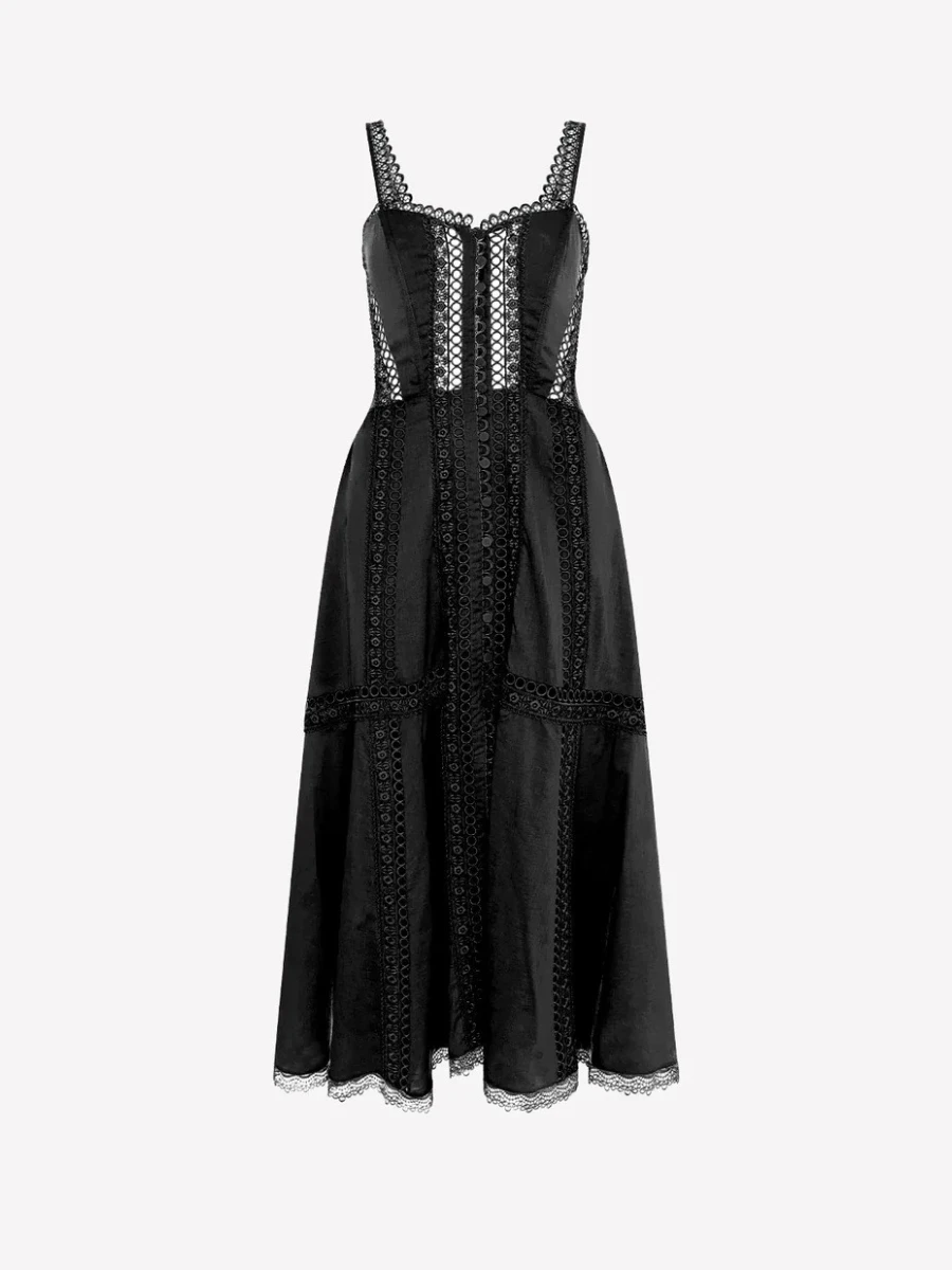 VGH Abito medio solido moda casual per donna Colletto quadrato senza maniche Vita alta Patchwork Scava fuori Abiti trasparenti Donna