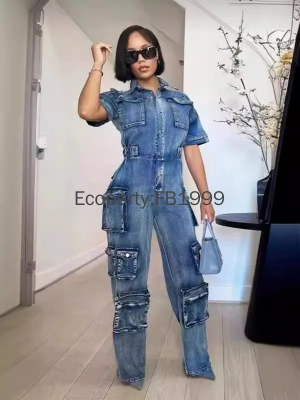 New Women Denim Short Sleeve Mult Pockets Jumpsuits Summer Fashion One Piece Overalls Single Breasted Trousers Casual Streetwear