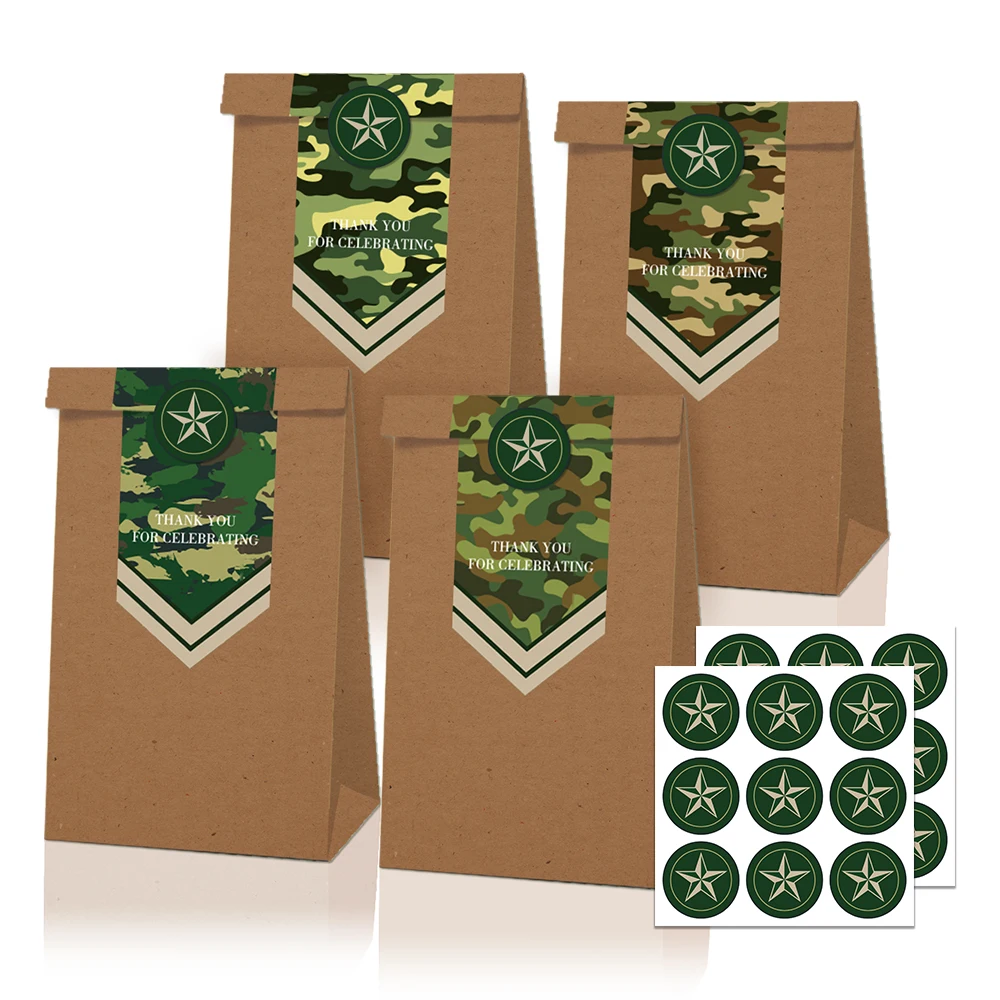 

LB064 12Pcs Cosplay Camo Hero Camouflage Birthday Party Candy Kraft Paper Gift Bags Baby Shower Party Biscuit Decorating Bag