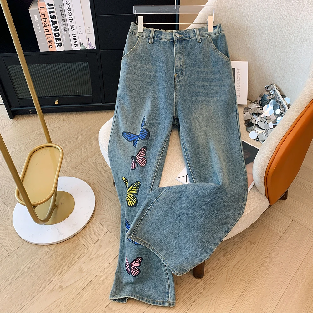 

Plus-size women's Fall Casual commute baggy comfort jeans Light blue butterfly print elasticated waist button pocket pants big