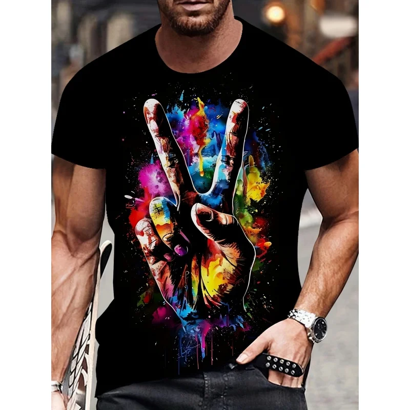 3D Printed Hand Gesture Handprint T-Shirt For Men Headset Pattern Tees Summer Loose Round Neck Top Unisex T Shirts Short Sleeves