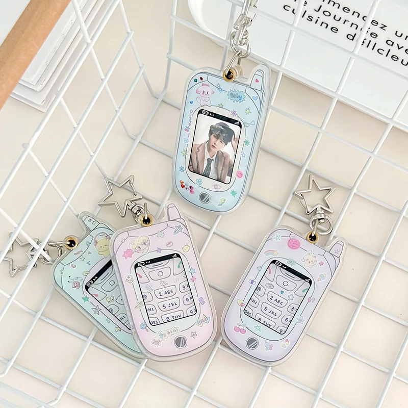 1PC School Stationery DIY Accessories Kawaii Acrylic Mobile Phone Shape 1 Inch Photocard Holder Card Photo Holder Bag Pendant