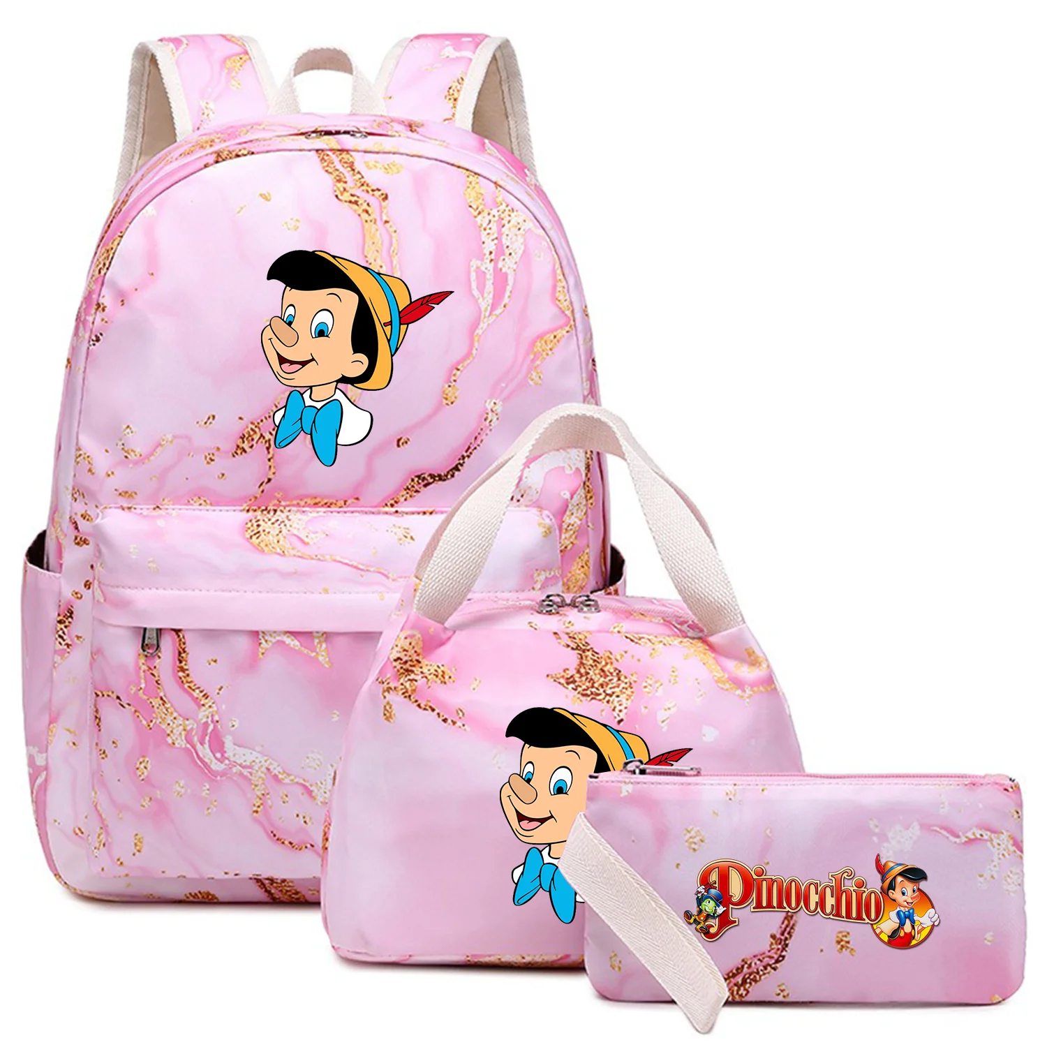 

3Pcs/Set Pinocchio Girl Kid Backpack Capacity Student Schoolbags Double Shoulder Bag Travel Pen Lunch Bags Bookbag Laptop Sets