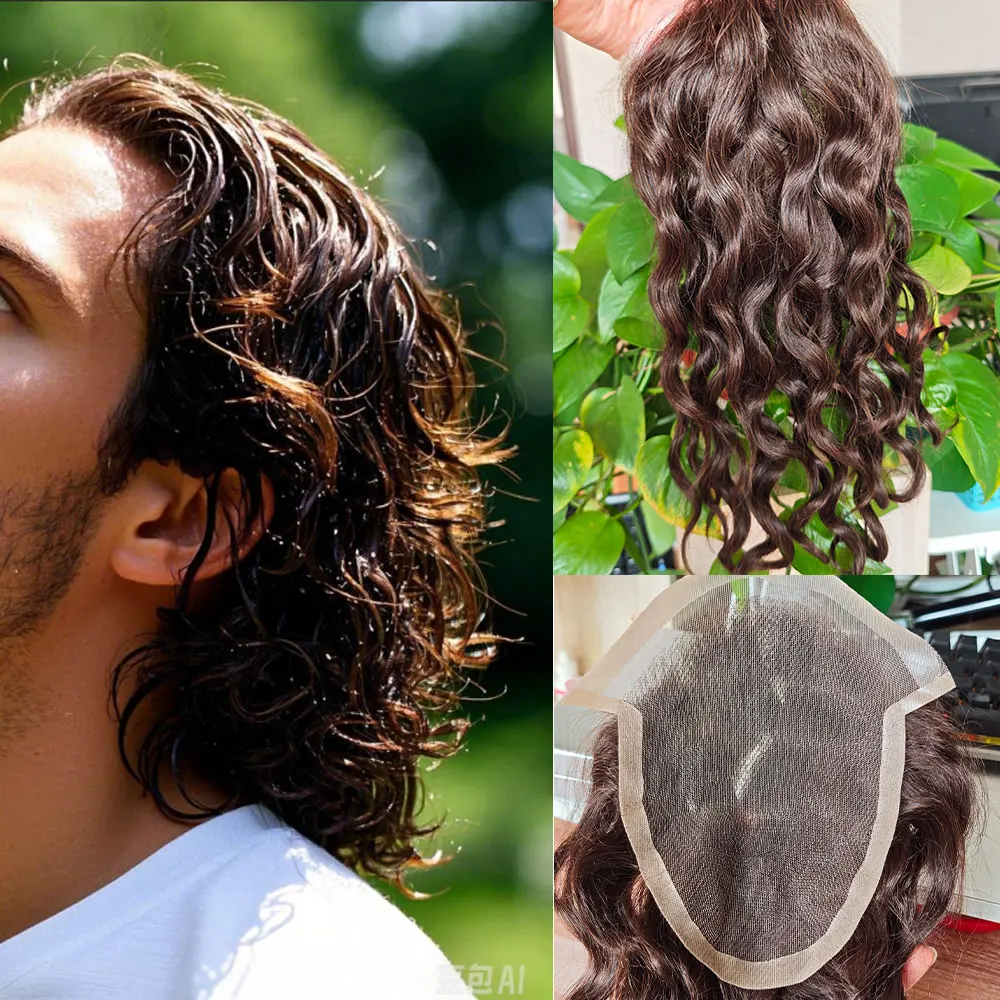 

Men's Curly French Lace Front Tourpee with PU Human Hair Replacement System Natural Wavy Hairpieces for Men 5x7inch #3Brown 10‘‘