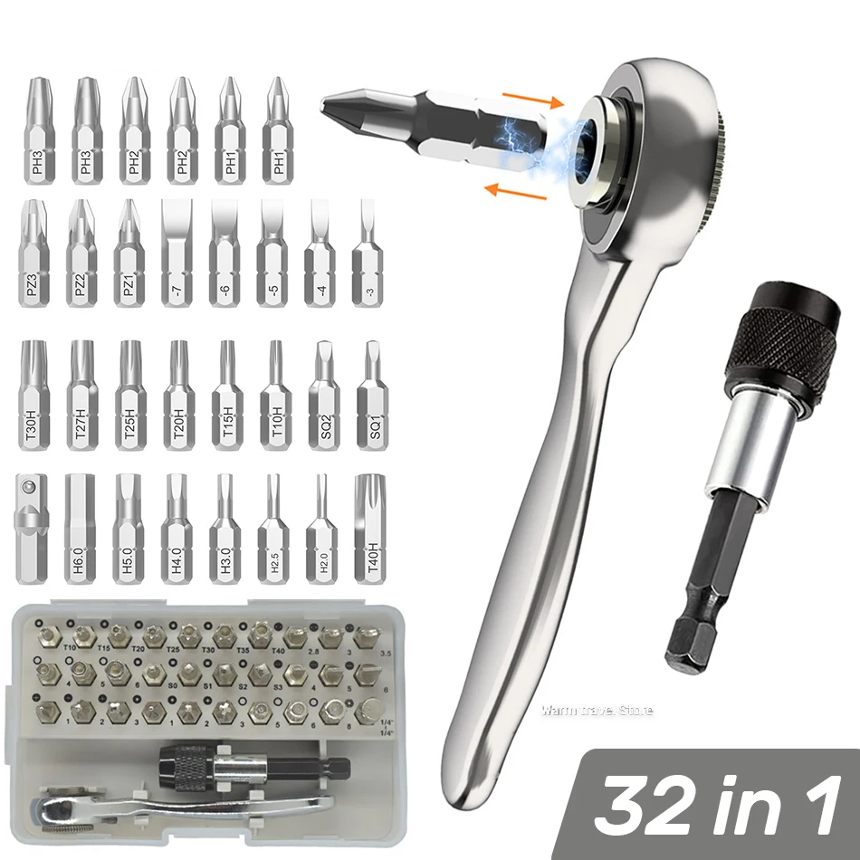 

Mini 32 in 1 Reversible Rapid Ratchet Wrench Screwdriver Bits Set 1/4 Inch Crv Multi Tool Hex Wrench Torque 72 Tooth