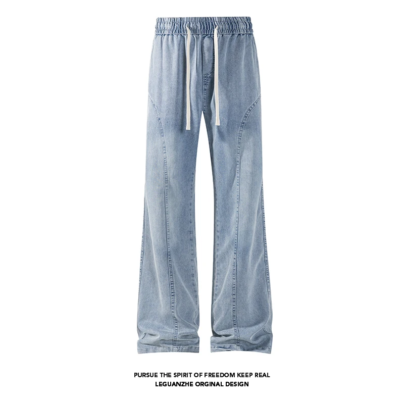 Men's Summer 2026 New Ice‑Silk Thin Micro Flare Jeans Drawstring Elastic Waist Light Wash Loose Wide Leg Casual Streetwear