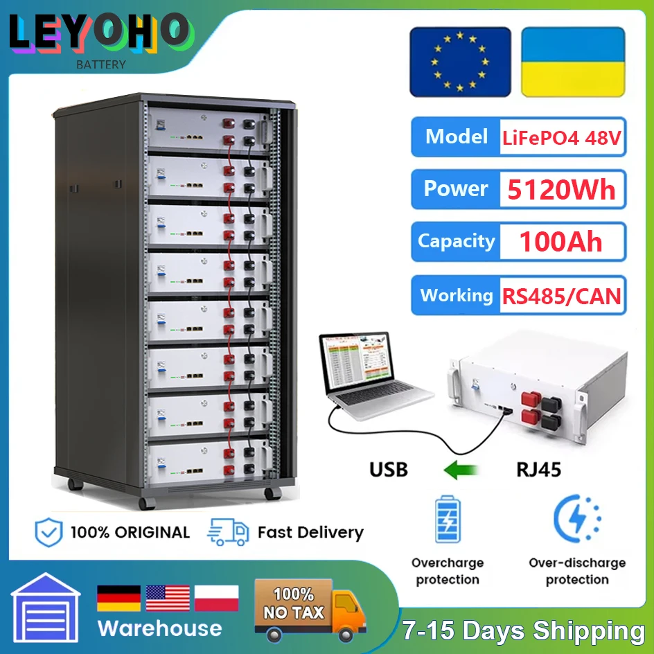

Аккумуляторная батарея LiFePO4 48В 100Ач 200Ач 5кВтч 10кВтч, 6000+ циклов, Bluetooth, 16S, RS485, CAN, BMS, элементы класса A, литиевая батарея, ЕС, без налога