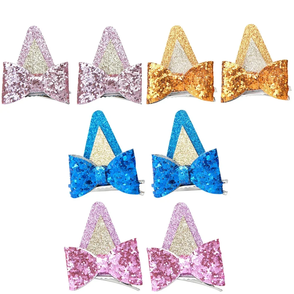 2Pcs Dog Ears Hair Bow Clips for Kids Glitter Blue Hair Bows for Toddler Girls Birthday Hairpin Hallowen Party Hair Accessories