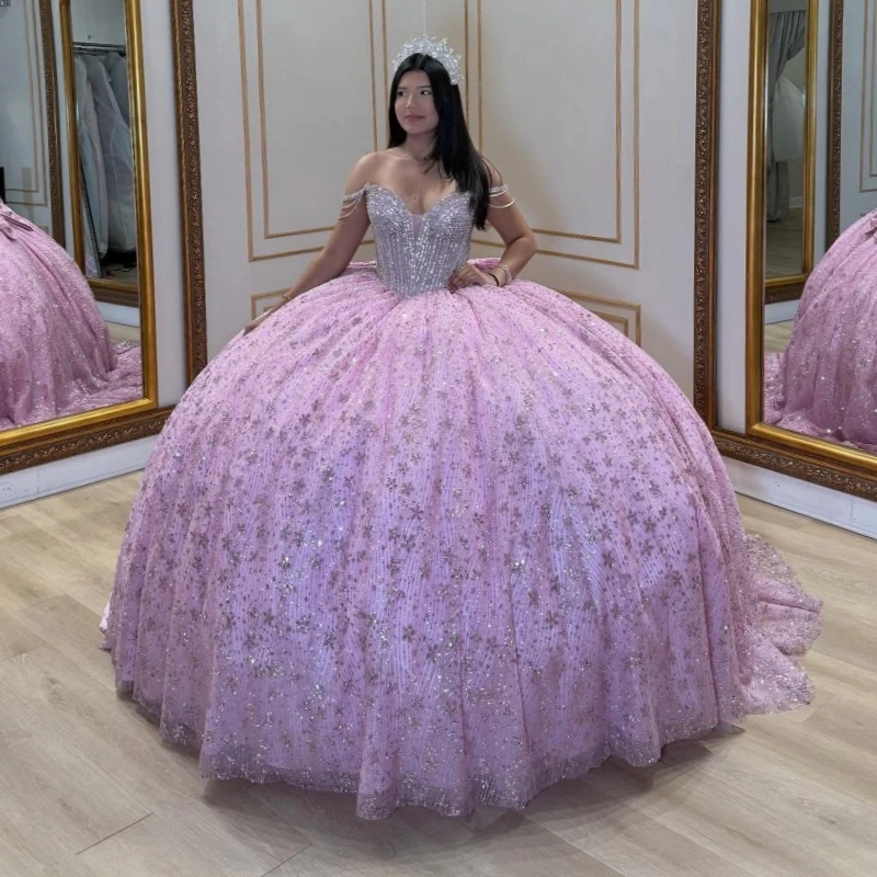 

Розовые блестящие платья Quinceanera, бальное платье с открытыми плечами, аппликация с блестками, бисер, хрустальный бант, корсет, вечерние платья на день рождения 15,