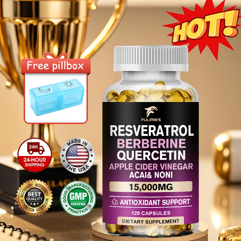 

Капсулы с натуральным ресвератролом, берберином и кверцетином, 15000 мг, для гормонального баланса, сияющей кожи и поддержки при менопаузе, без ГМО
