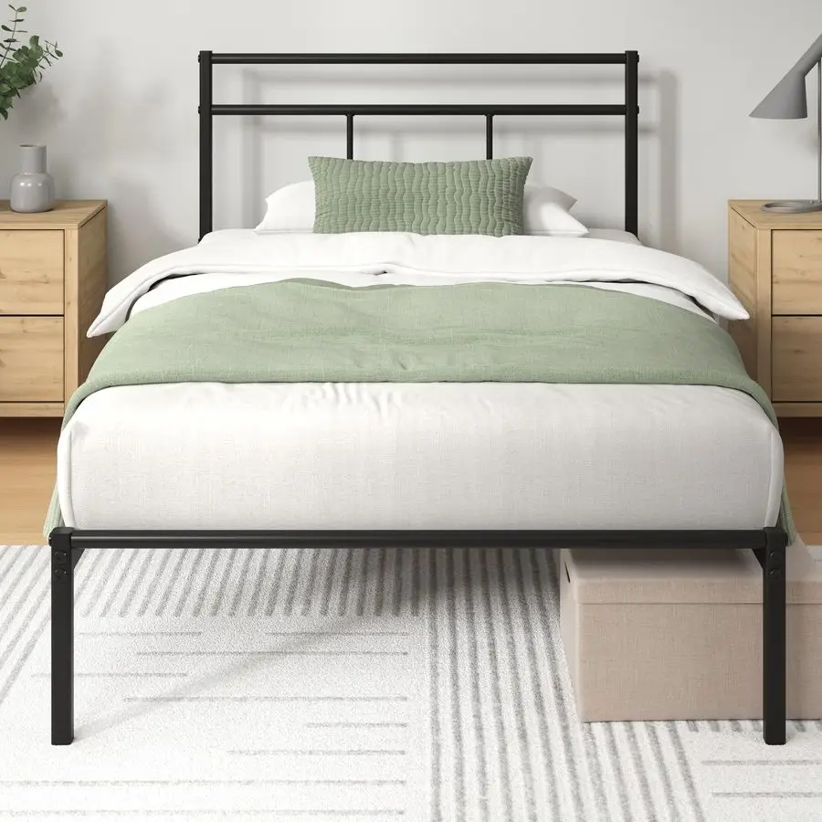 Base de Cama Individual de Acero Elias 90 x 190 cm, Altura 30 cm, con Cabecero, Láminas Metálicas, Fácil Montaje, Espacio de Almacenamiento, Color Negro