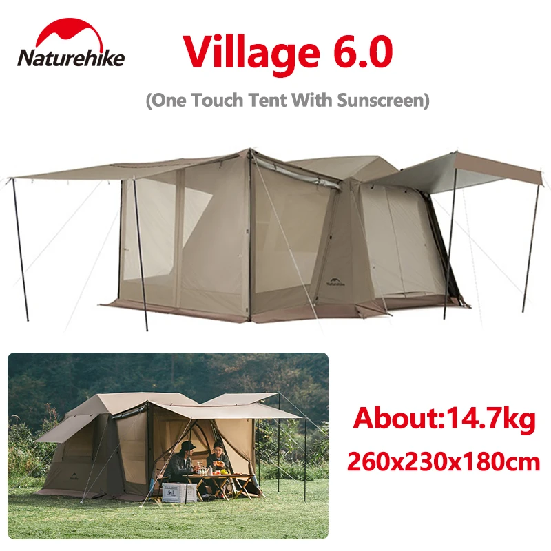 Naturehike Village 6.0 Quick Open Tent Camping 4-6 Person Waterproof Large Space One Touch Tent With Screen 150D Black Coated