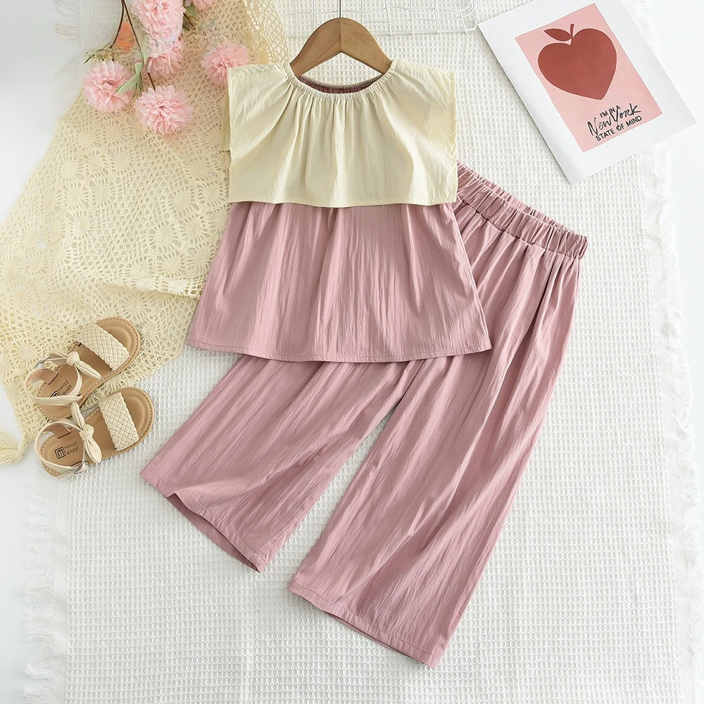 Korean Casual Color Blocking Clothes Collar Vest Top+wide Leg Pants Two-piece Set for Girls Summer Promotion