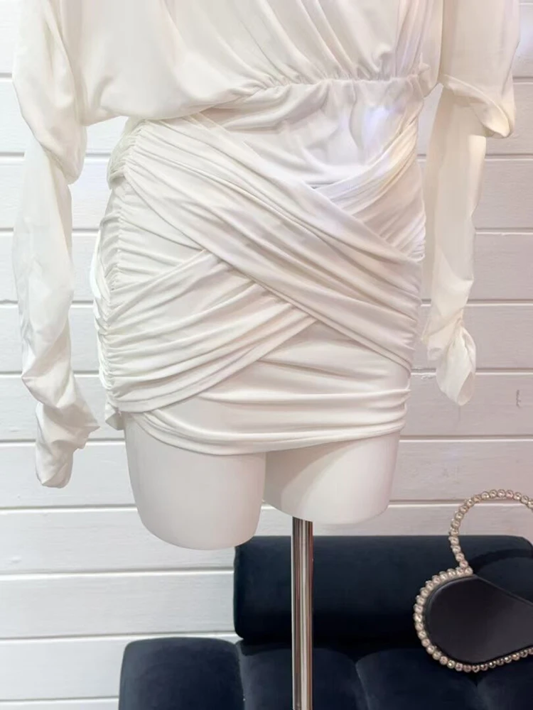 Sexy Long Sleeve Ruched Design Mini Dress Women Red White Folds Hollow Out Bodycon Dresses Elegant Evening Party Club Gowns