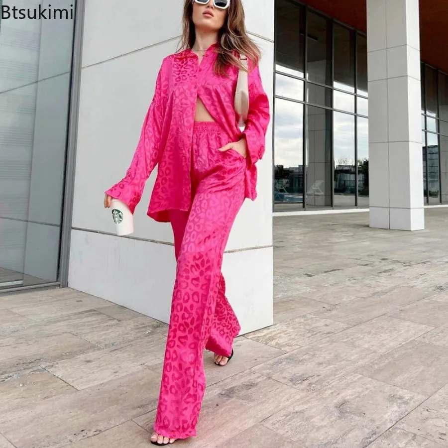 Fashion Women Matching Sets Spring Summer Satin Leopard Print Shirt Wide Leg Pants Loose Casual Two Piece Sets Ladies Streetwear