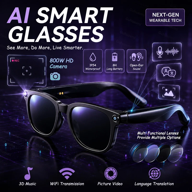 Nouvelles lunettes intelligentes IA 2026, caméra HD 4K 8MP anti-tremblement pour enregistrement vidéo, IA ChatGPT 4.0, traduction Wi-Fi, appel Bluetooth, lunettes de soleil étanches pour hommes