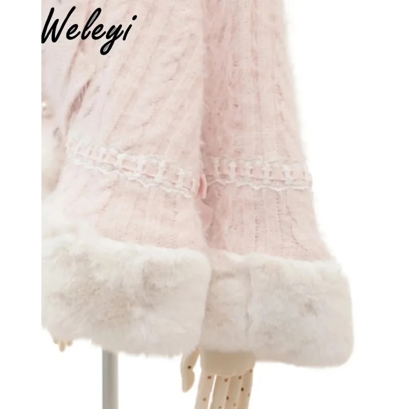 Cute Japanese Jirai Kei Cape Plush Coat 2024 Spring and Autumn Princess Sweet Women's Imitation Rabbit Fur Long Sleee Furry Coat