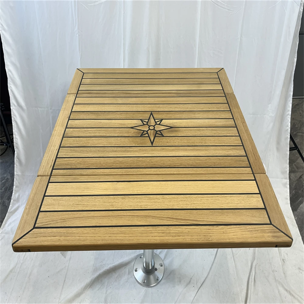 Folding Wings Teak Table Top 450/900x800mm,17.7/35.4x31.5 Inch Rectangular Star Inlay Marine Yacht RV TW4580 DS