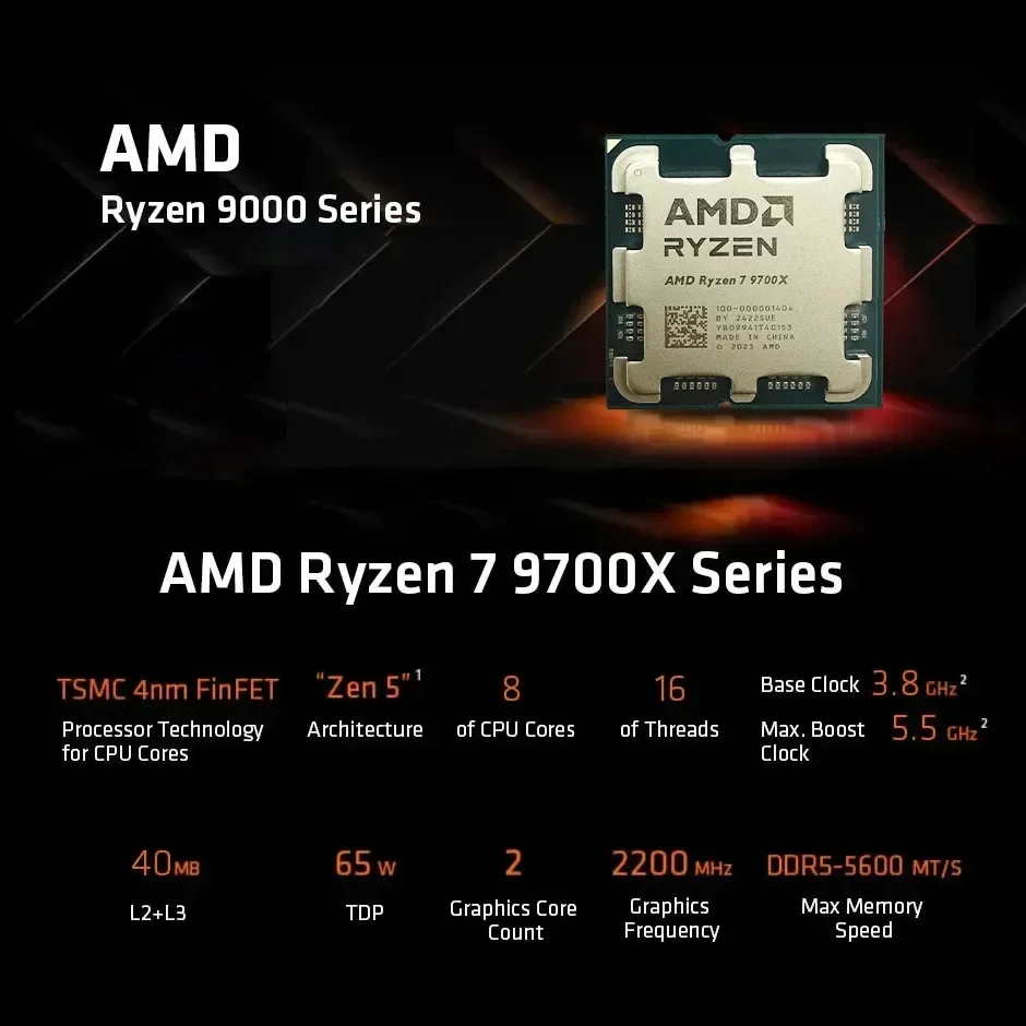 NEW AMD Ryzen 7 9700X R7 9700X 5.5GHz 8-Core 16-Thread Desktop CPU Processor 4NM 40M 100-000001404 Socket AM5 Without Fan CPU