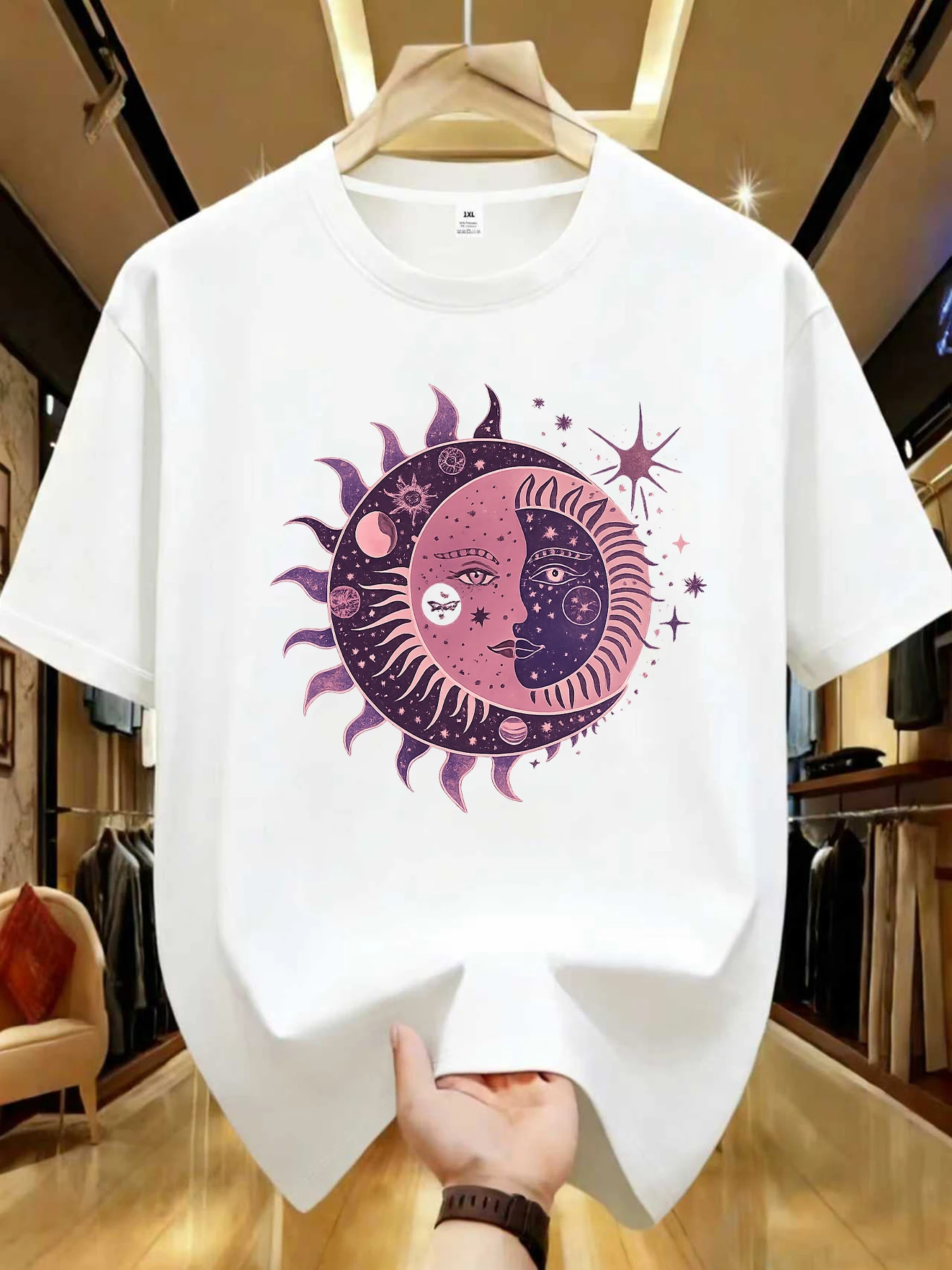 

【WZM1021354】Женская футболка с принтом Sun Moon Star, большого размера, с круглым вырезом, летняя, повседневная, с коротким рукавом, в уличном стиле, универсальная.