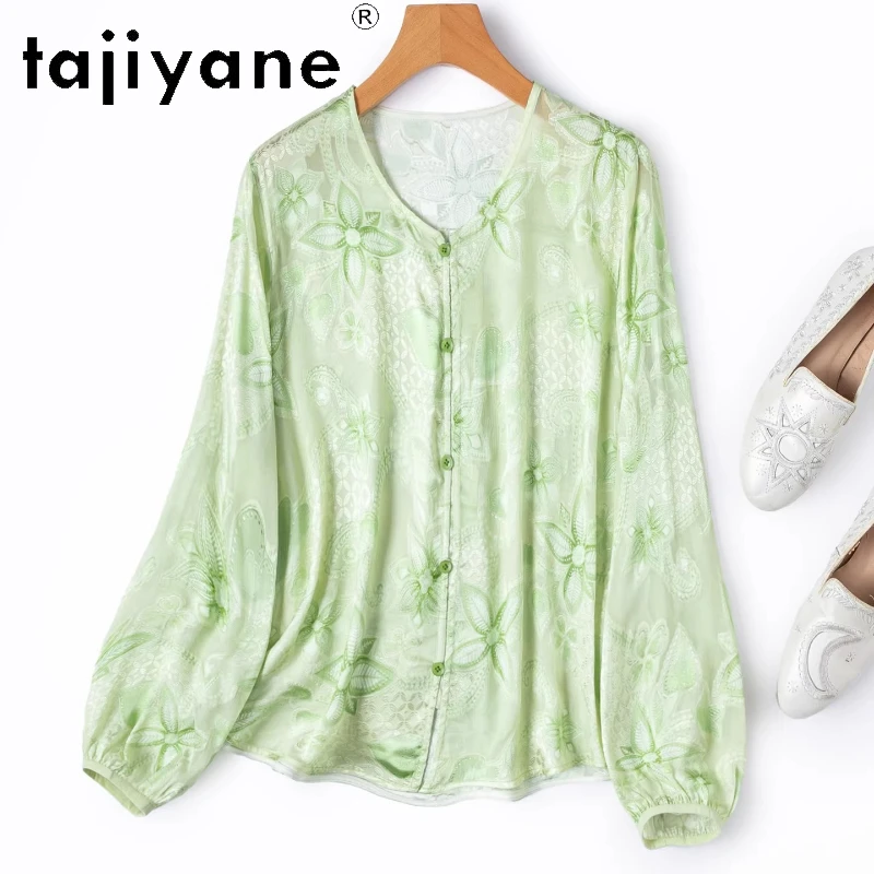 

TAJIYANE 100% Mulberry Silk Shirt Women Green Blouse Semi-Transparent Silk Cardigan Spring Tops Woman Clothes 2026 Рубашка