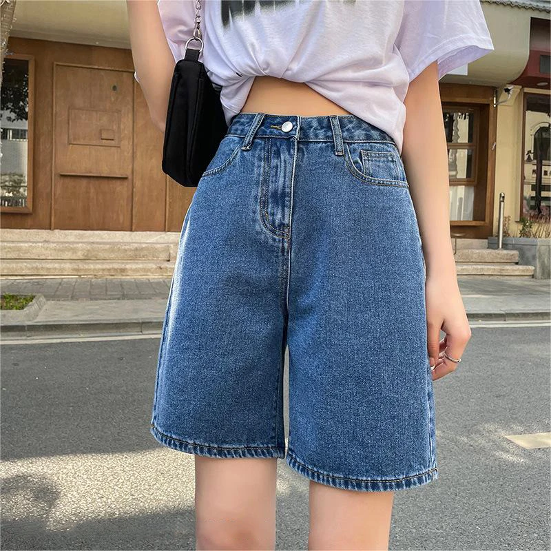 Retro Denim Shorts Women Summer High Waist Loose Wide Leg Straight Short Pants Versatile Casual Half Pants Female Streetwear