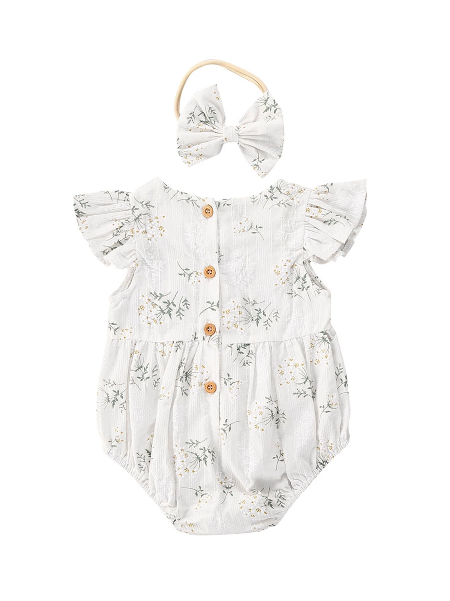 

2Pcs Baby Summer Outfits Full-Floral Printed O-Neck Ruffle Sleeves Romper Hairband for Toddlers Girls 0-24 Months