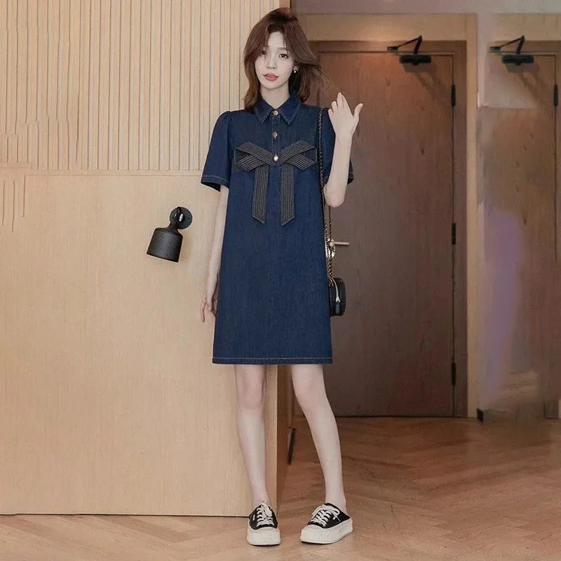 Robe d'été en Denim rétro pour femmes, grande taille, avec nœud, Cowgirl, manches courtes, hauts, t-shirts à revers, nouvelle collection 2024