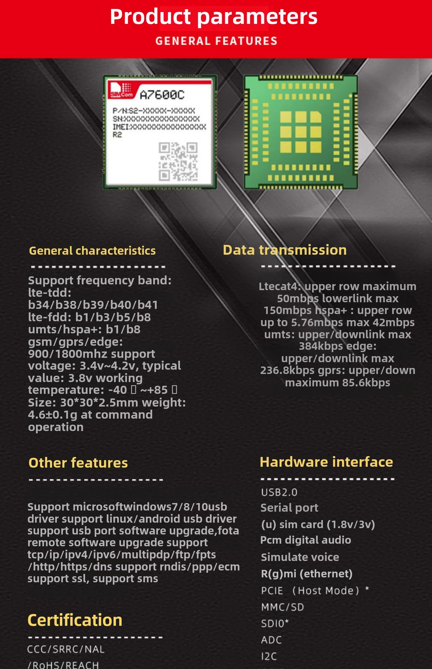 Il modulo router CPE 4G A7600C R2 supporta la porta Ethernet RMii dual band WIFI core comunicazione segnale simcom