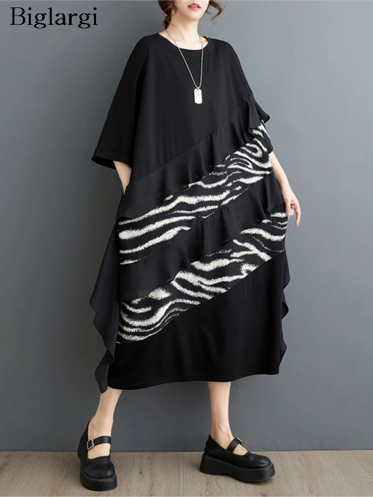 

Oversized Summer Midi Dress Women Irregular Striped Print Loose Pleated Patchwork Modis Ladies Dresses Loose Casual Woman Dress