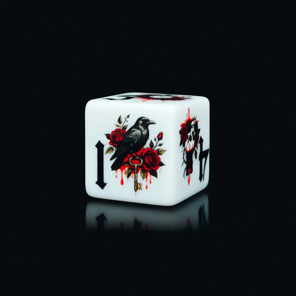 12Pcs Gothic Rose 16MM Printed D6 Acrylic Dice, White Six Sided Dice With Blood Rose, Raven, Skull Pattern, Tabletop Board Game view 5