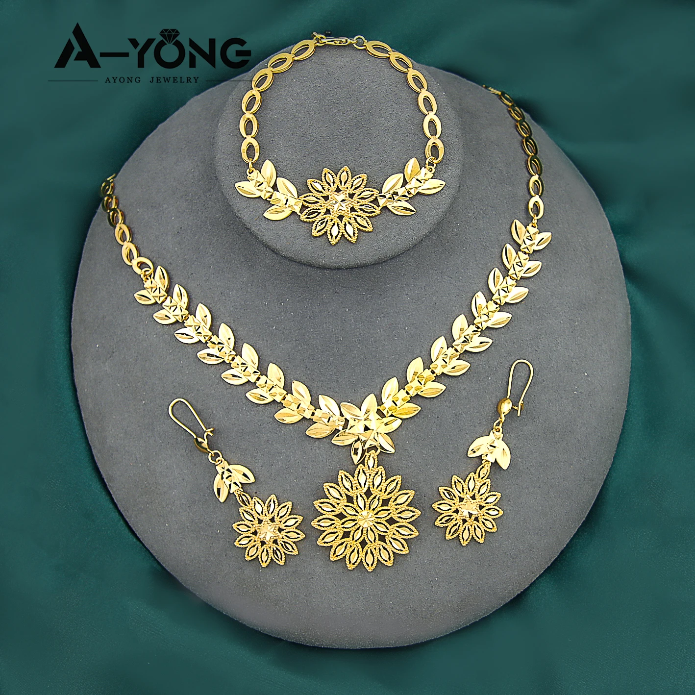 AYONG-Conjunto de joyería de oro de Arabia Saudita, pulsera de diseño propio, collar, anillo, 21k, chapado en oro, boda de lujo