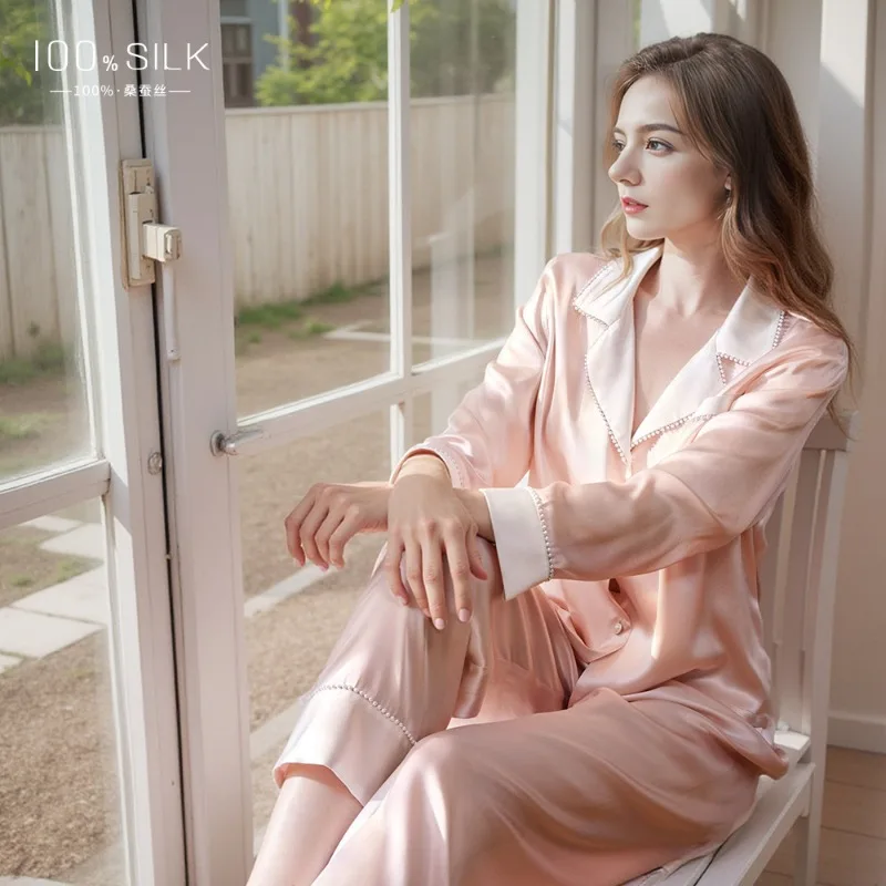 

Новинка 2023 года, женский высококачественный шелковый пижамный комплект 19 мм, комплекты из 2 предметов, роскошные брюки с длинными рукавами, домашняя одежда на осень и зиму