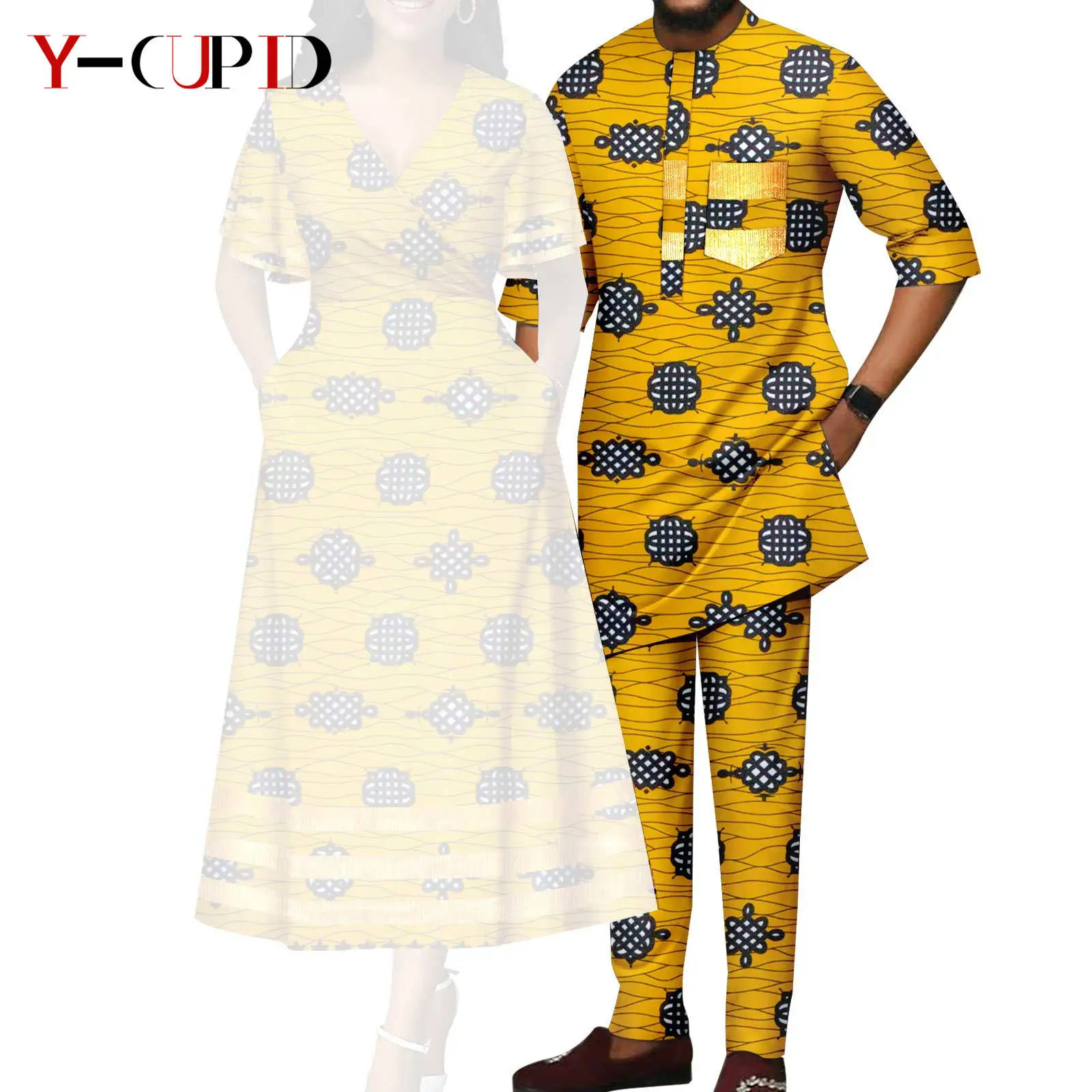 African Print V-neck Dresses for Women Couple Matching Men Outfits Top and Pant Sets Dashiki Bazin Riche Lover Outwear Y23C086