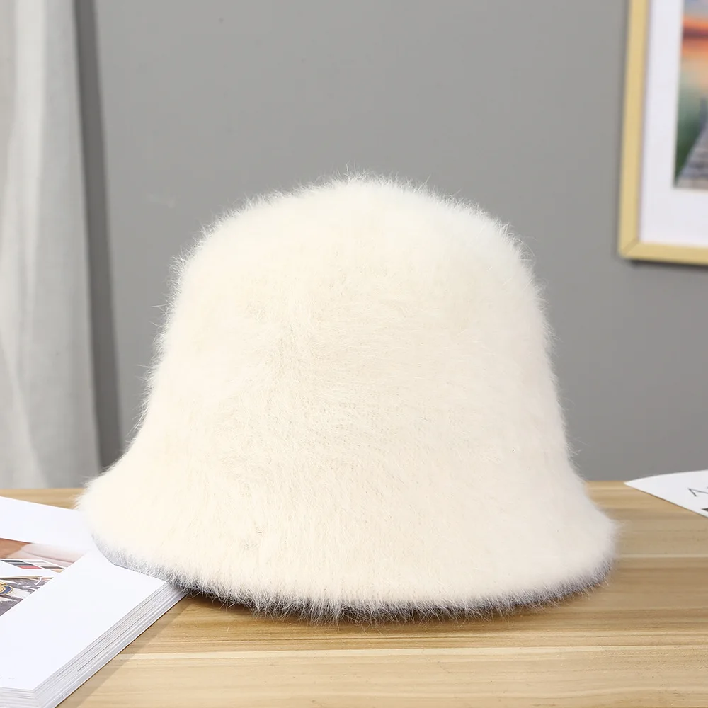 New Fashion Artificial Rabbit Fur Bucket Hat Women Autumn Winter Warm Thickened Fisherman Hat Panama Plush Basin Hat Lady Cap