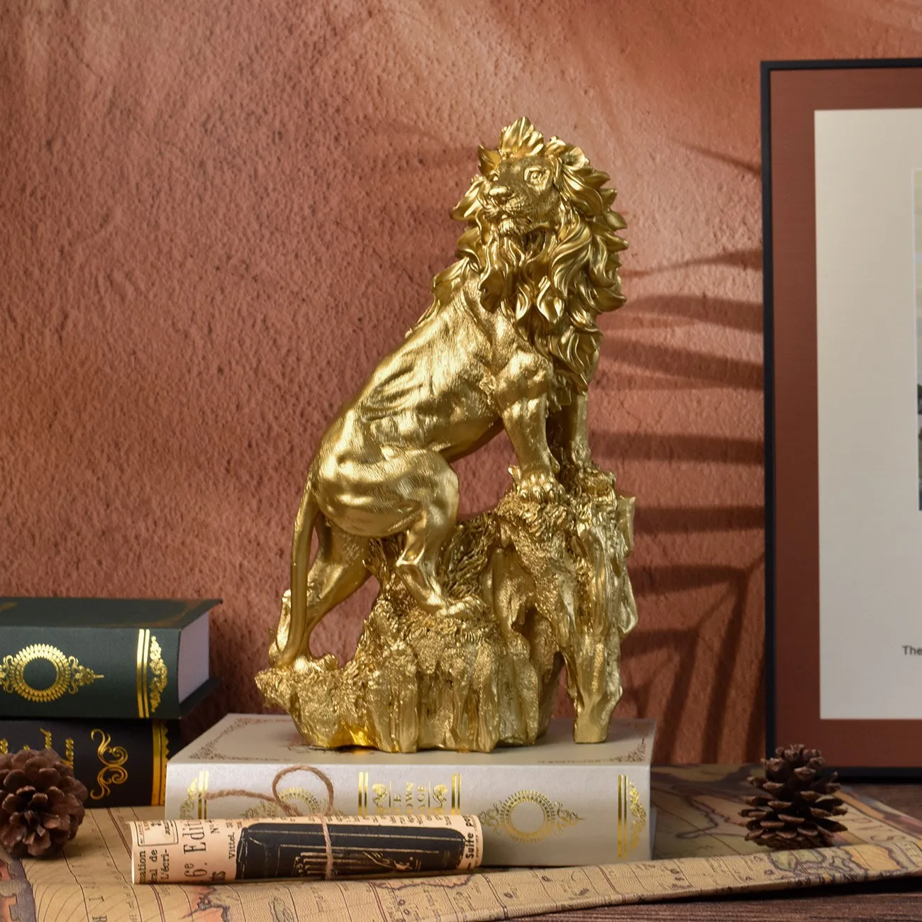 

29cm Lion Statue Resin Animal Sculpture Large Gold Home Office Interior Shelf Decoration Living Room Bathroom Porch Entrance