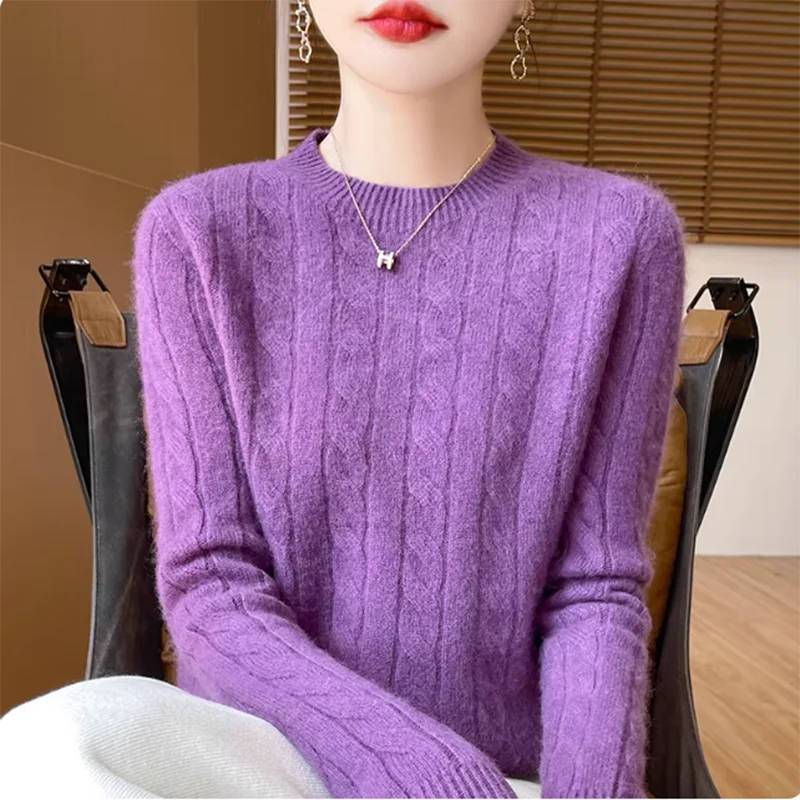 Women's 100% Pure Wool Knitted Sweater round Neck Warm Casual Top Autumn Winter Fashion First-line Ready to Wear