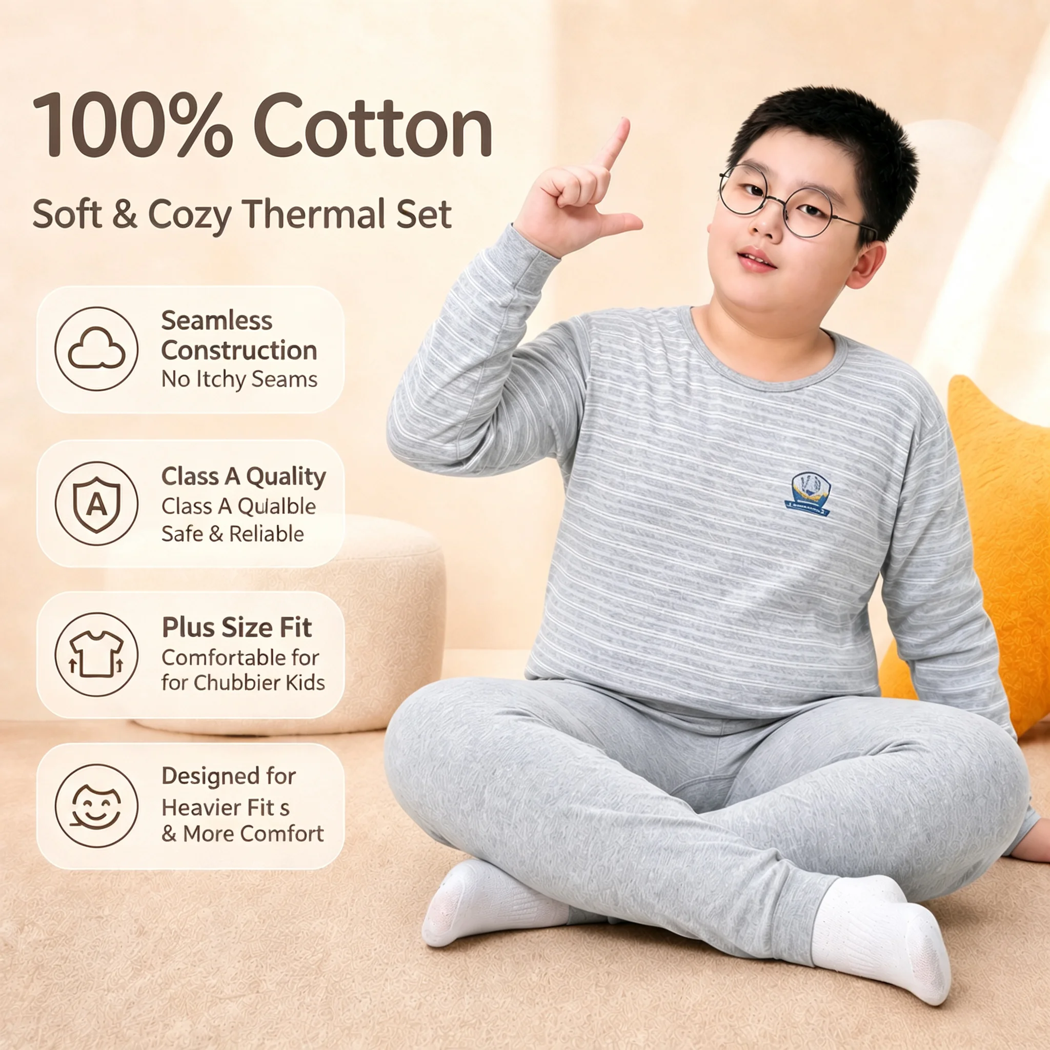 A Set 100% Cotton Large Size Boys and Children Keep Warm and Fattened in Winter Wear Long Clothes and Trousers Youth Long Johns