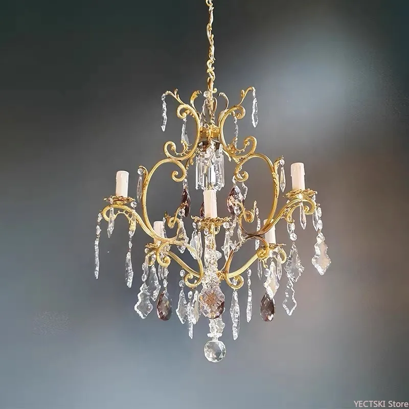 

Brass retro exquisite French crystal lamp American bedroom dining room staircase beautiful lighting fixture