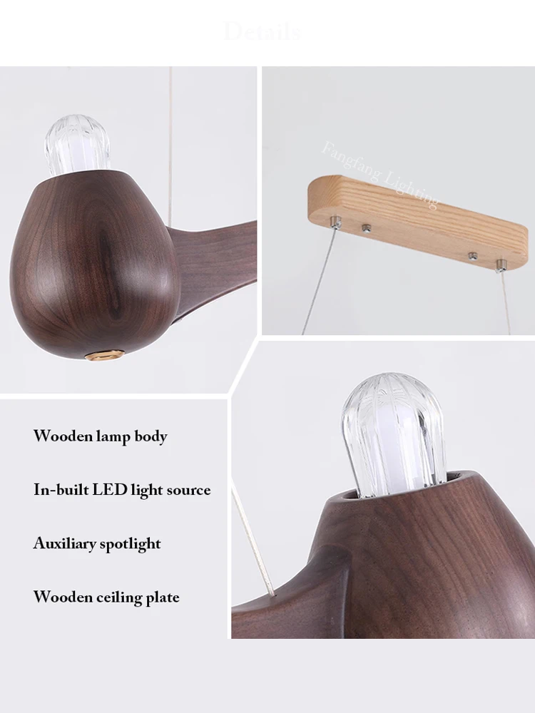 Chinese Solid Wood Long Linear Full Spectrum LED Pendant Lights Dimmable Indoor Hanging Lamps Kitchen Dining Living Room Office