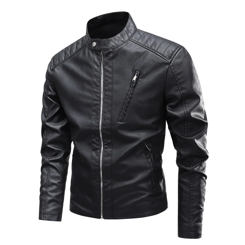 Autumn Men's PU Leather Jackets Fashion Motorcycle Leather Coat Casual Stand Collar Solid Vintage Male Moto Biker Jacket Outwear view 5