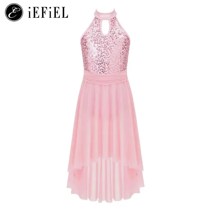 

Lyrical Dance Dress for Girls Halter Sequins Tank Leotard Tulle Skirts Modern Contemporary Stage Performance Costume