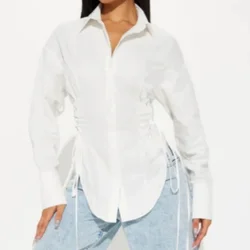 Gymystars White Shirts&blouses Female Lapel Tops Casual Tucked in Waist Drawstring Long Sleeves Commuting Simple Women Clothing