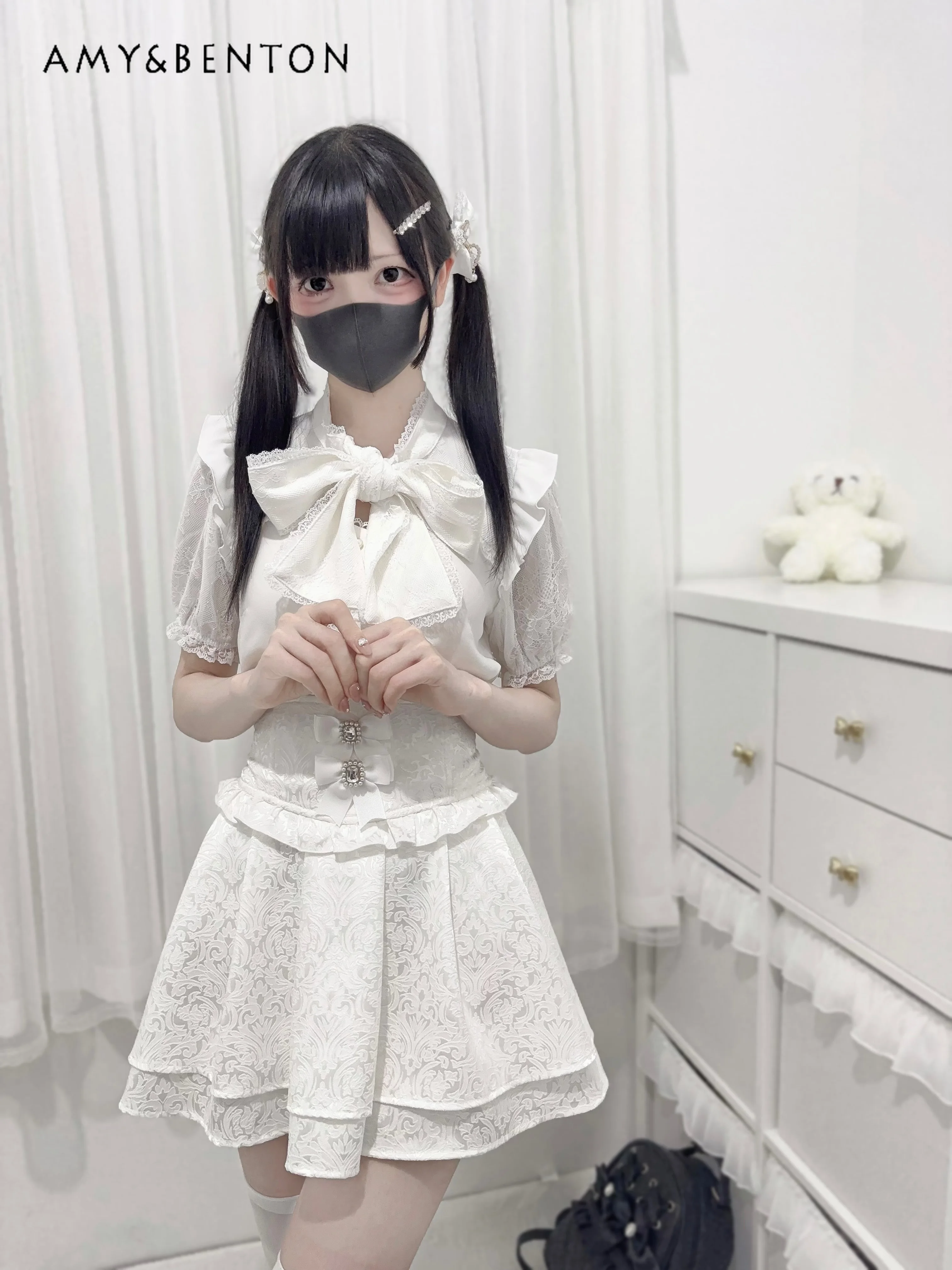 Japanese Mine Kawaii Lolita Skirt Sets Sweet Lace-up Short Sleeve Shirt High Waist Rhinestone Bow Mini Skirt Two Piece Set Women