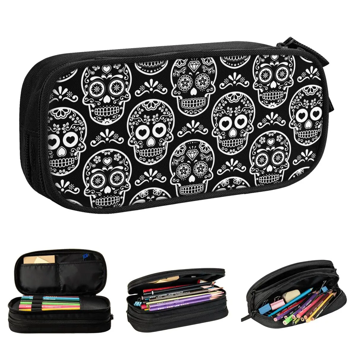 Mexican Sugar Skull Pencil Cases Halloween Day of the Dead Pencil Box Pen Student Large Storage Pencil Bags School Stationery