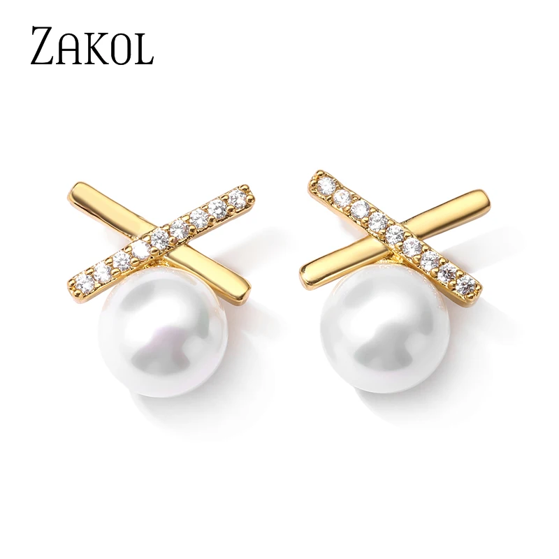 ZAKOL Sense Korean Small Cross Shaped Pearl Stud Earrings for Woman Fashion Gold Color Ziron Girl's Unusual Party Daily Jewelry