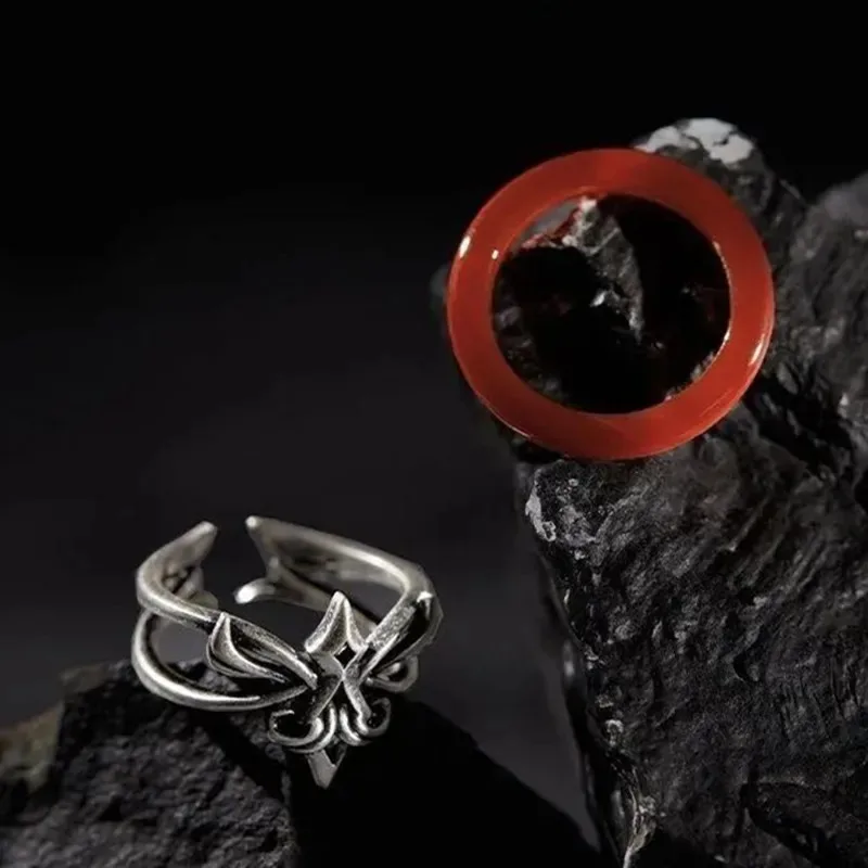 Game Honkai: Star Rail Rings Cosplay Blade Ring Red Silvery Set Jewelry Alloy Agate Prop Accessories Adjustable Unisex Xmas