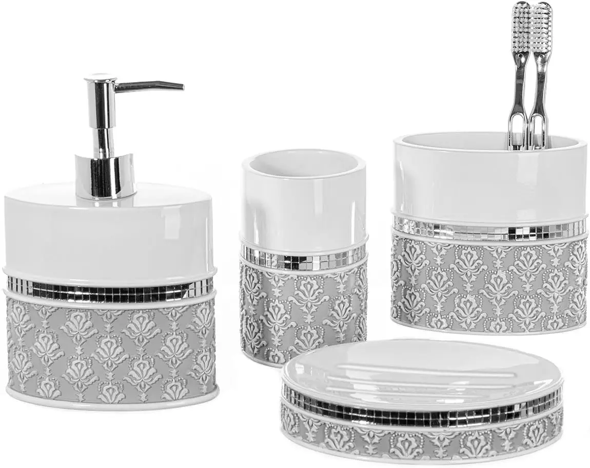 

Elegant White and Gray Bathroom Accessory Set - 4 Pieces Including Soap Dispenser, Dish, Toothbrush Holder, Tumbler