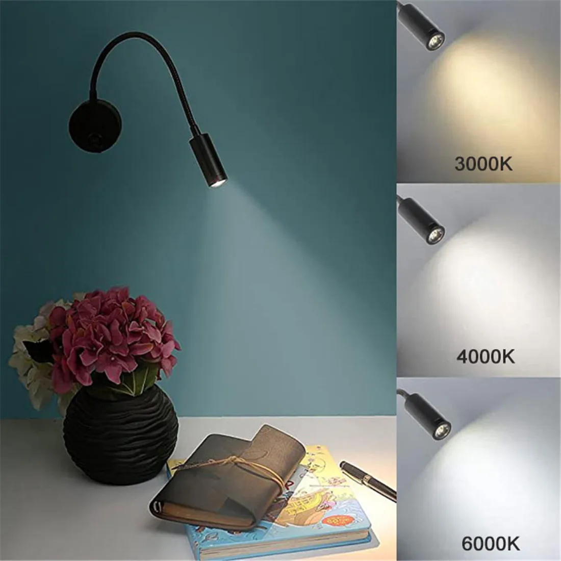 Luz de lectura LED de bronce de 3W, lámpara de pared con cuello de cisne negra, blanca y plateada para cabecera de cama, escritorio, interruptor de