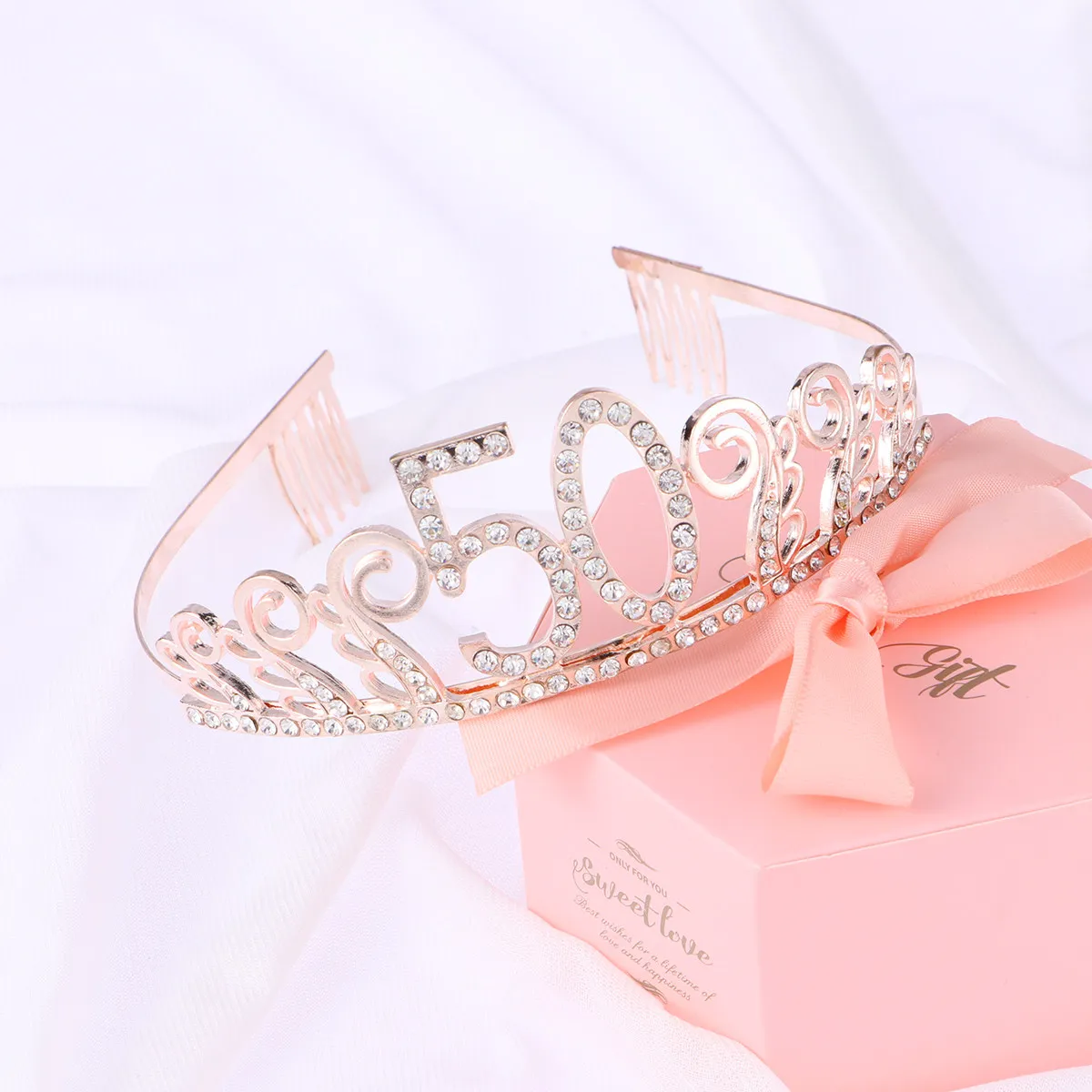 50Th Birthday Crystal Rhinestone Tiara Crown with Combs Design for Women Elegant Shining Rhinestone Headband Princess Queen Hair